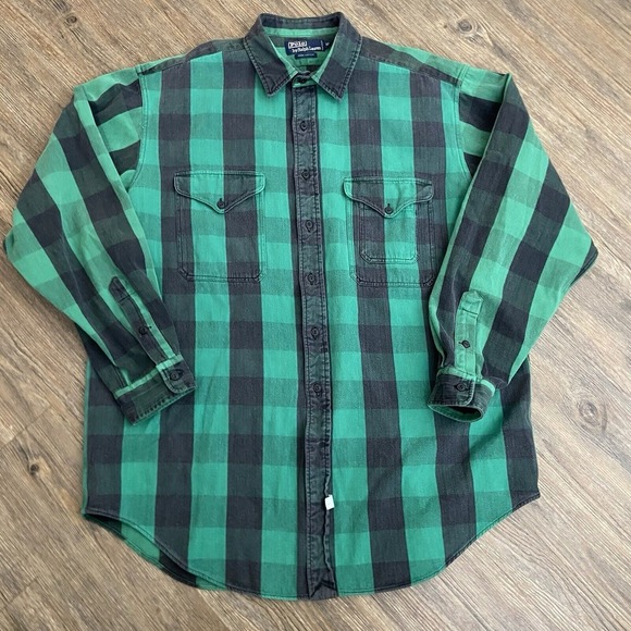 Vtg 90's Polo Ralph Lauren Faded Green Black Checkered Plaid Button Shirt XLARGE - Picture 1 of 4